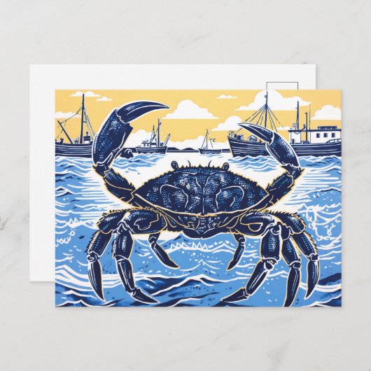 Blue Crab, het Zee, en een Vissende boot in Linocu Briefkaart (Voorkant / Achterkant)