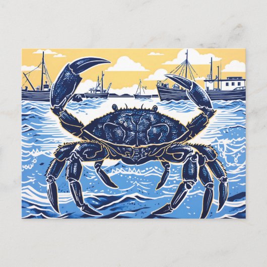Blue Crab, het Zee, en een Vissende boot in Linocu Briefkaart (Voorkant)
