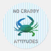 Blue Crab Nautical No Crabby Attitudes Ronde Sticker (Voorkant)