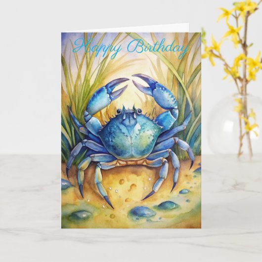 Blue Crab op een strand Verjaardag Kaart (Gele Bloem)