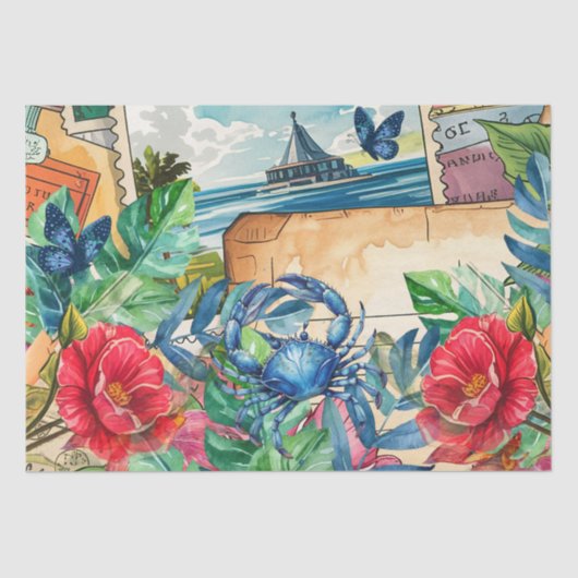 Blue Crab Tropical Florals & Butterflies Tissuepapier (Voorkant)