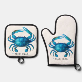 Blue Crab Waterverf Art - Coastal Zee Life Ovenwant & Pannenlap Set
