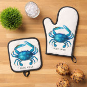 Blue Crab Waterverf Art - Coastal Zee Life Ovenwant & Pannenlap Set (Top down)