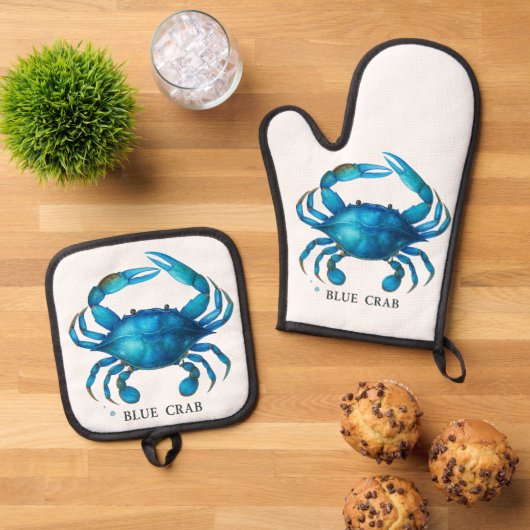 Blue Crab Waterverf Art - Coastal Zee Life Ovenwant & Pannenlap Set (Top down)