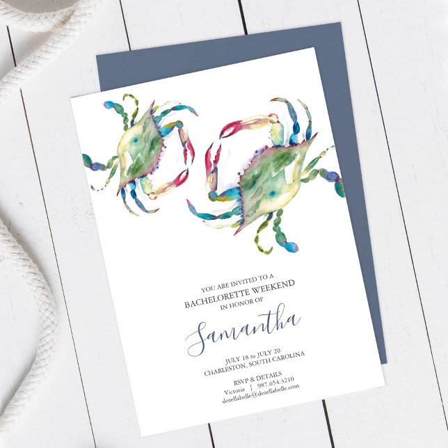 Blue Crab Waterverf Charleston SC Bachelorette (Bachelorette Party Invitation Blue Crab Watercolor Charleston SC )