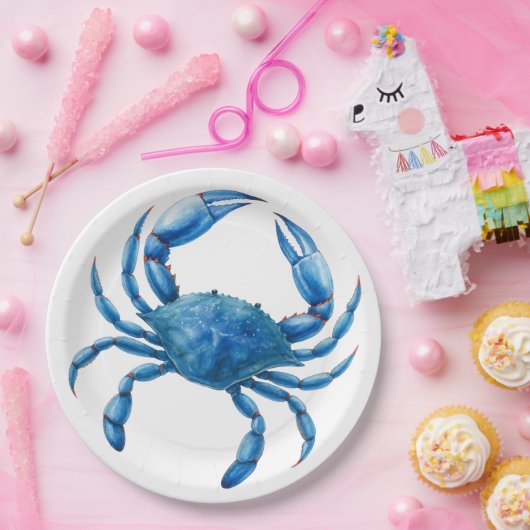 Blue Crab Waterverf Illustratie - Ocean Zee Life Papieren Bordje (Feest)