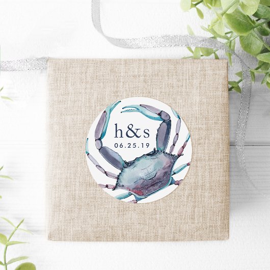Blue Crab Wedding Monogram Ronde Sticker