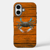 Blue Crab Wood Grain iPhone 16 Case (Achterkant)