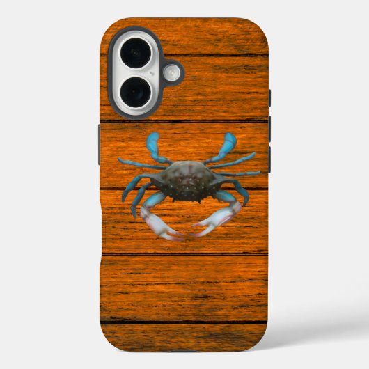 Blue Crab Wood Grain iPhone 16 Case (Achterkant)
