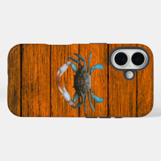 Blue Crab Wood Grain iPhone 16 Case (Achterkant (horizontaal))