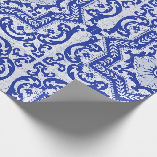Blue Cracked Ceramic Style Azulejo  Cadeaupapier (Hoek)