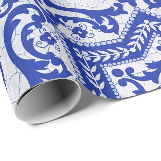 Blue Cracked Ceramic Style Azulejo Cadeaupapier (Rol Hoek)