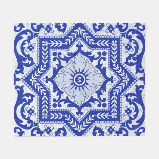 Blue Cracked Ceramic Style Azulejo  Fleece Deken (Voorkant (Horizontaal))