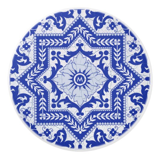 Blue Cracked Ceramic Style Azulejo  Keramische Knop (Voorkant)
