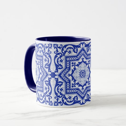 Blue Cracked Ceramic Style Azulejo  Mok (Voorkant links)