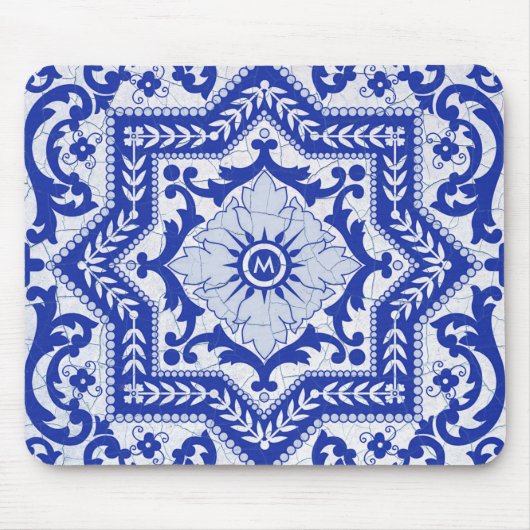 Blue Cracked Ceramic Style Azulejo  Muismat (Voorkant)