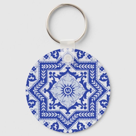 Blue Cracked Ceramic Style Azulejo  Sleutelhanger (Voorkant)