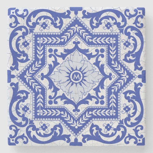 Blue Cracked Ceramic Style Azulejo Stenen Onderzetter (Voorkant)