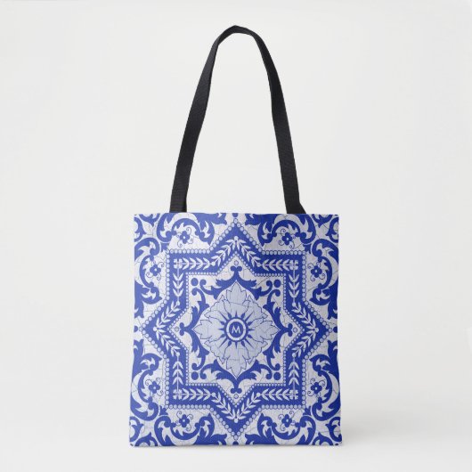 Blue Cracked Ceramic Style Azulejo Tote Bag (Voorkant)