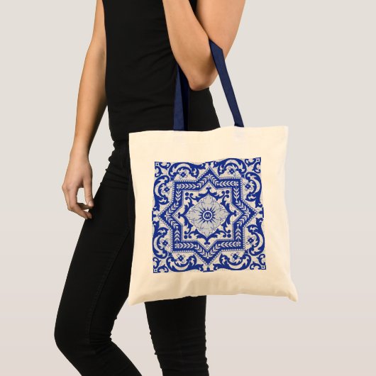 Blue Cracked Ceramic Style Azulejo  Tote Bag (Voorkant (product))