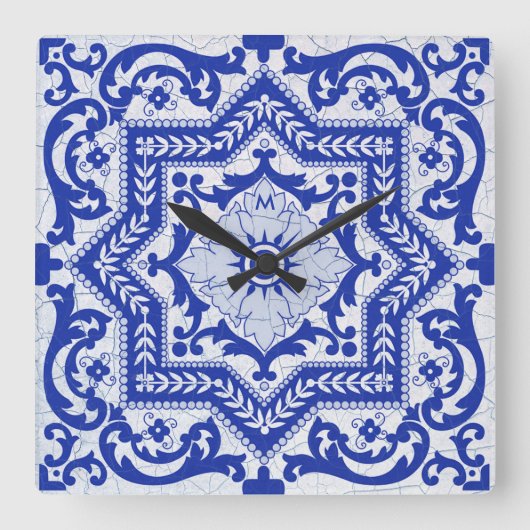 Blue Cracked Ceramic Style Azulejo Vierkante Klok (Voorkant)