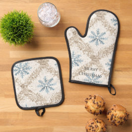 Blue Cream Christmas Snowflakes Ovenwant & Pannenlap Set