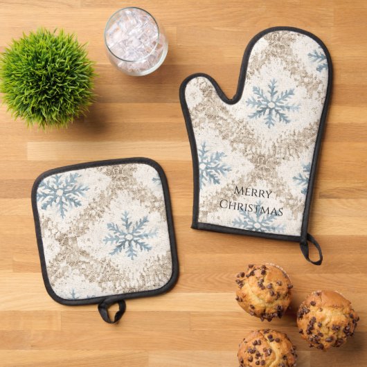 Blue Cream Christmas Snowflakes Ovenwant & Pannenlap Set (Top down)