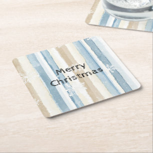 Blue Cream Christmas Stripes Sneeuwvlokken Kartonnen Onderzetters