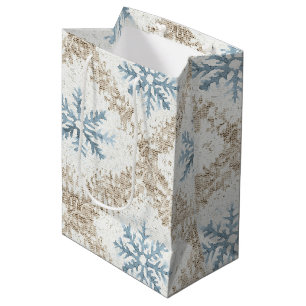 Blue Cream Christmas Stripes Sneeuwvlokken Medium Cadeauzakje