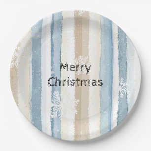 Blue Cream Christmas Stripes Sneeuwvlokken Papieren Bordje