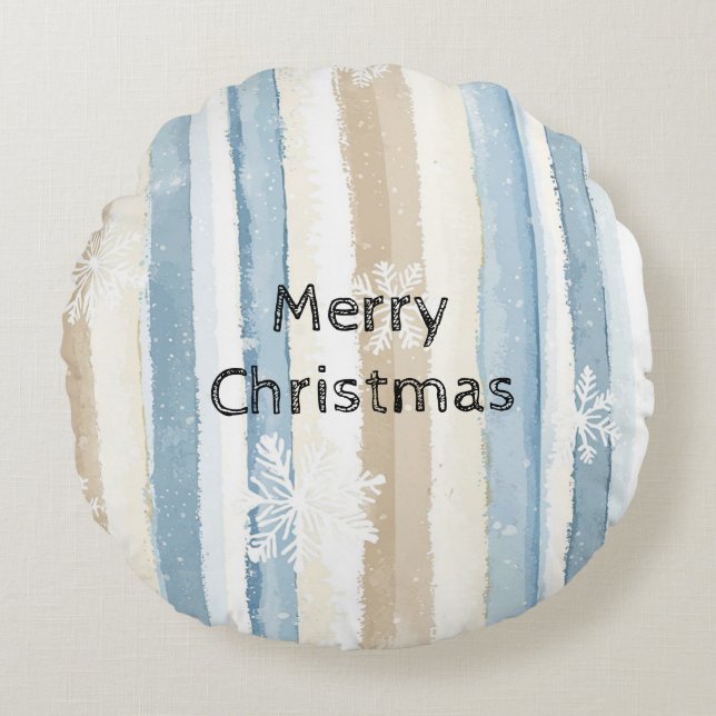 Blue Cream Christmas Stripes Sneeuwvlokken Rond Kussen (Voorkant)