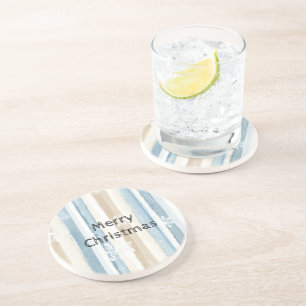 Blue Cream Christmas Stripes Sneeuwvlokken Zandsteen Onderzetter