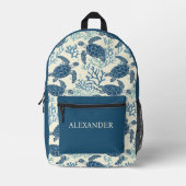 Blue & Cream Coastal Zee Turtles Bedrukte Rugzak (Voorkant)