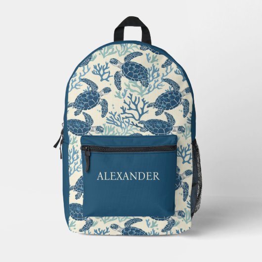 Blue & Cream Coastal Zee Turtles Bedrukte Rugzak (Voorkant)