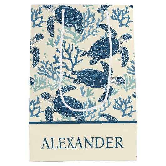 Blue & Cream Coastal Zee Turtles Medium Cadeauzakje (Achterkant)