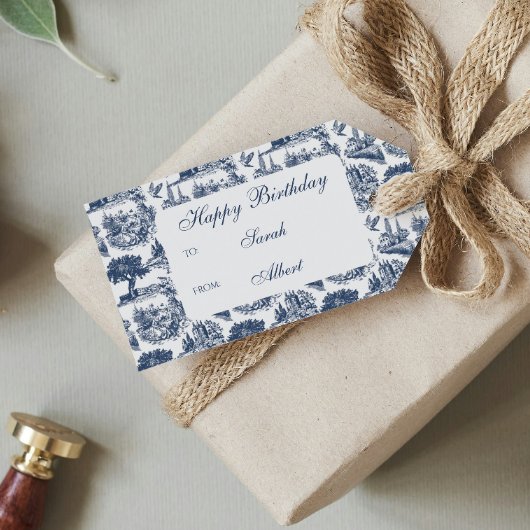  Blue Cream Country Life Toile Verjaardag Cadeaulabel
