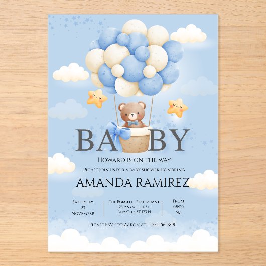 Blue & Cream Elephant Baby Boy Shower Acryl Uitnodigingen (Voorkant)