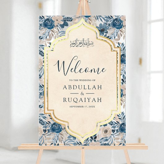 Blue Cream Floral Gold Muslim Wedding Welcome Acryl Bord