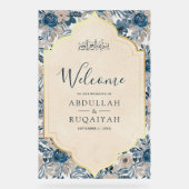Blue Cream Floral Gold Muslim Wedding Welcome Acryl Bord (Voorkant)