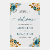 Blue Cream Floral Muslim Wedding Welcome Acryl Bord (Voorkant)