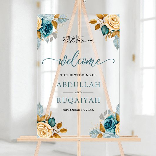 Blue Cream Floral Muslim Wedding Welcome Acryl Bord