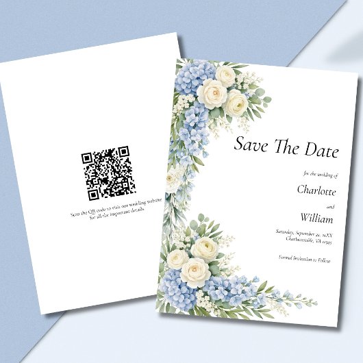 Blue Cream Florals Wedding Save The Date QR Code Kaart