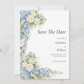 Blue Cream Florals Wedding Save The Date QR Code Kaart (Voorkant)