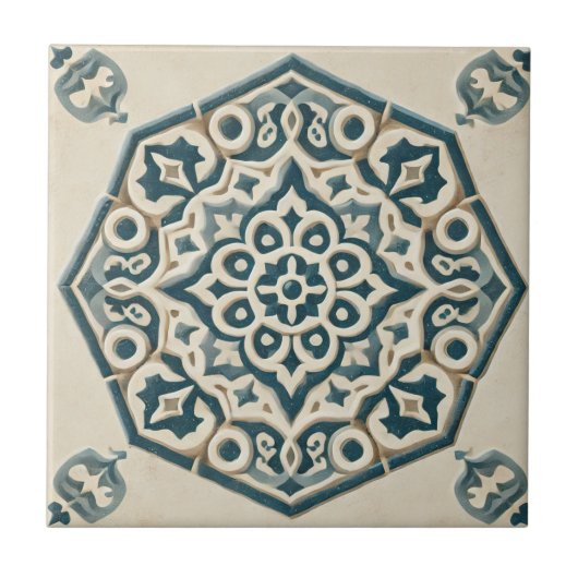 Blue & Cream Geometrische Patroon Keramische Tegel Tegeltje (Voorkant)