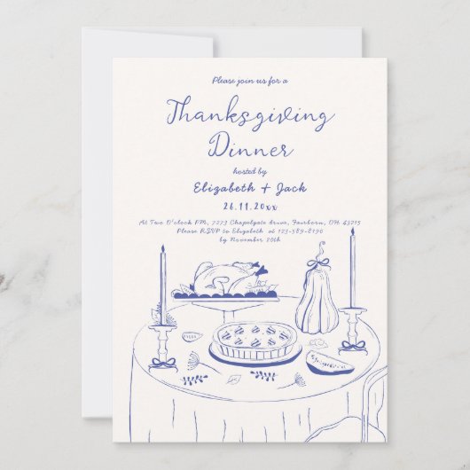 Blue & Cream Hand Drawn Doodle Thanksgiving Dinner Kaart (Voorkant)