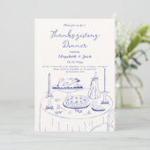 Blue & Cream Hand Drawn Doodle Thanksgiving Dinner Kaart (Staand voorkant)
