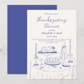 Blue & Cream Hand Drawn Doodle Thanksgiving Dinner Kaart (Voorkant / Achterkant)
