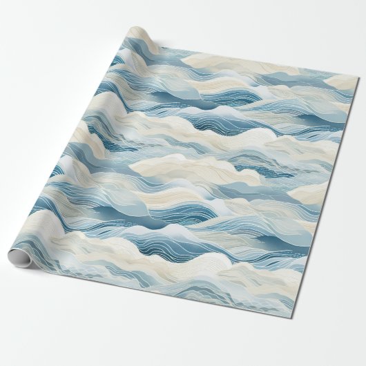 Blue Cream Ivory Abstract Ocean Beach Cadeaupapier (Uitgerold)