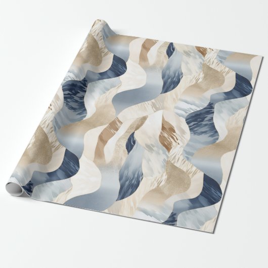 Blue Cream Ivory Abstract Waves Beach Cadeaupapier (Uitgerold)