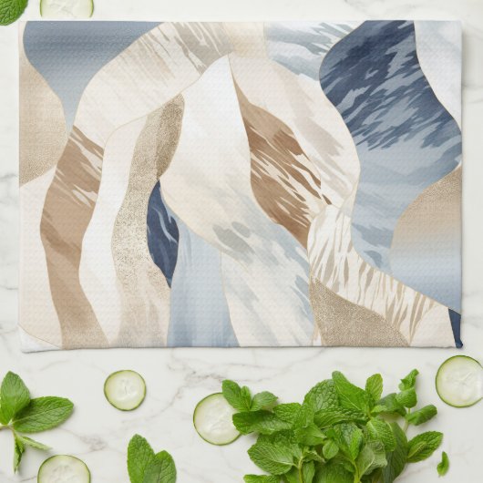 Blue Cream Ivory Abstract Waves Beach Theedoek (Gevouwen)